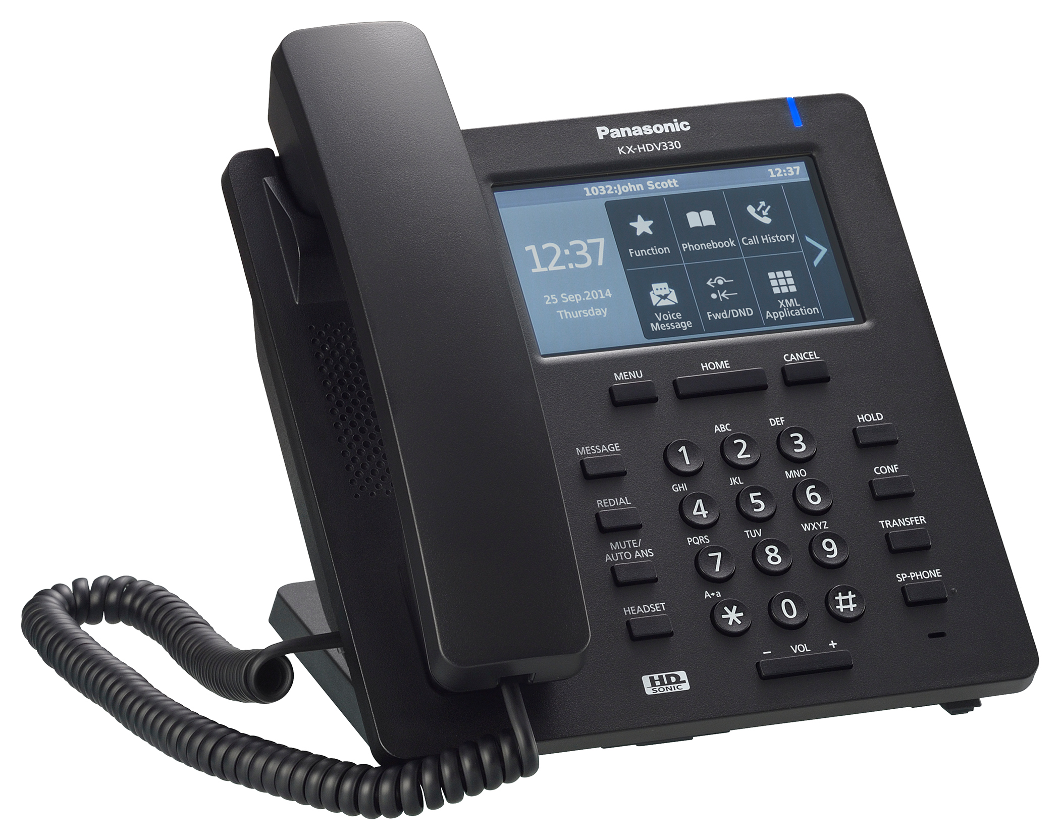 Teléfono SIP, pantalla touch 4.3 pulg. Bluetooth incluido, 24 teclas programables, Altavoz full dúplex, 2 puertos GbE, negro. mod. KX-HDV330XB Teléfono SIP, pantalla touch 4.3 pulg. Bluetooth incluido, 24 teclas programables, Altavoz full dúplex, 2 puertos GbE, negro. mod. KX-HDV330XB